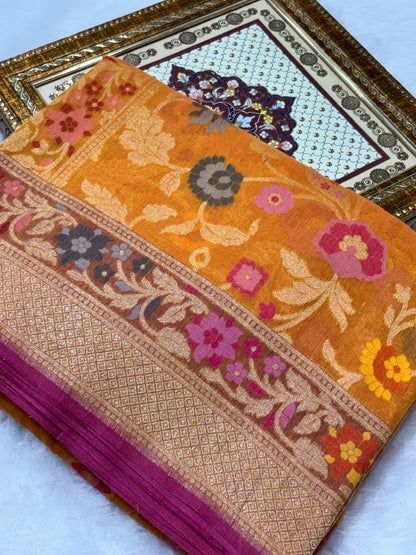 Yellow Shade Pure Cotton Inspired Jamdani Handwoven Banarasi Saree
