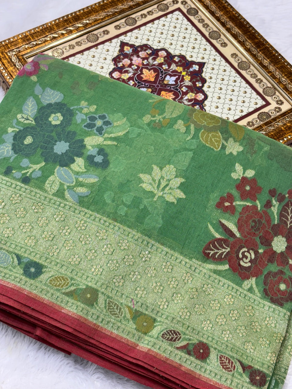 Bottle Green Pure Cotton Inspired Jamdani Handwoven Banarasi Saree