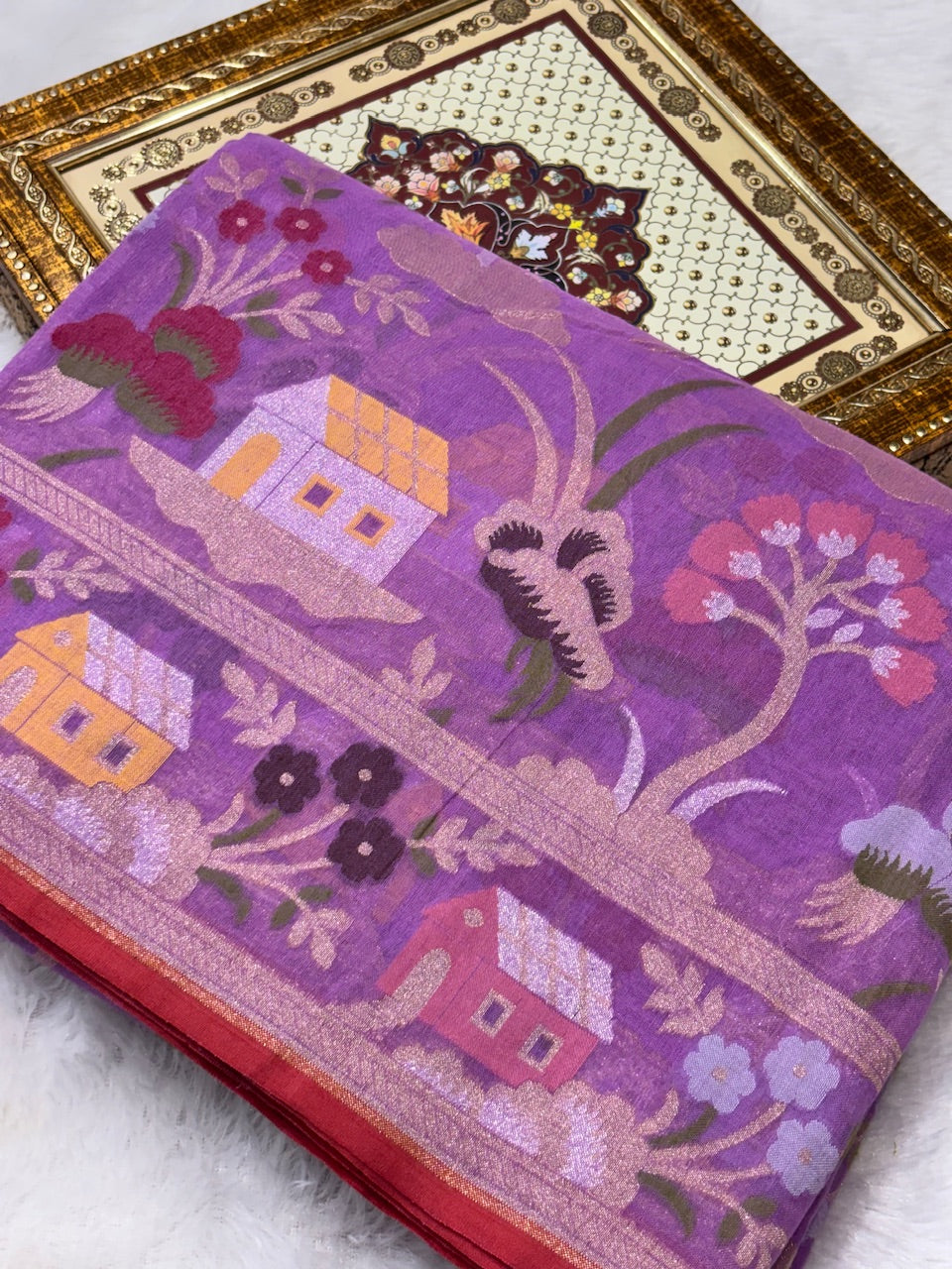 Light Purple Pure Cotton Inspired Jamdani Handwoven Banarasi Saree