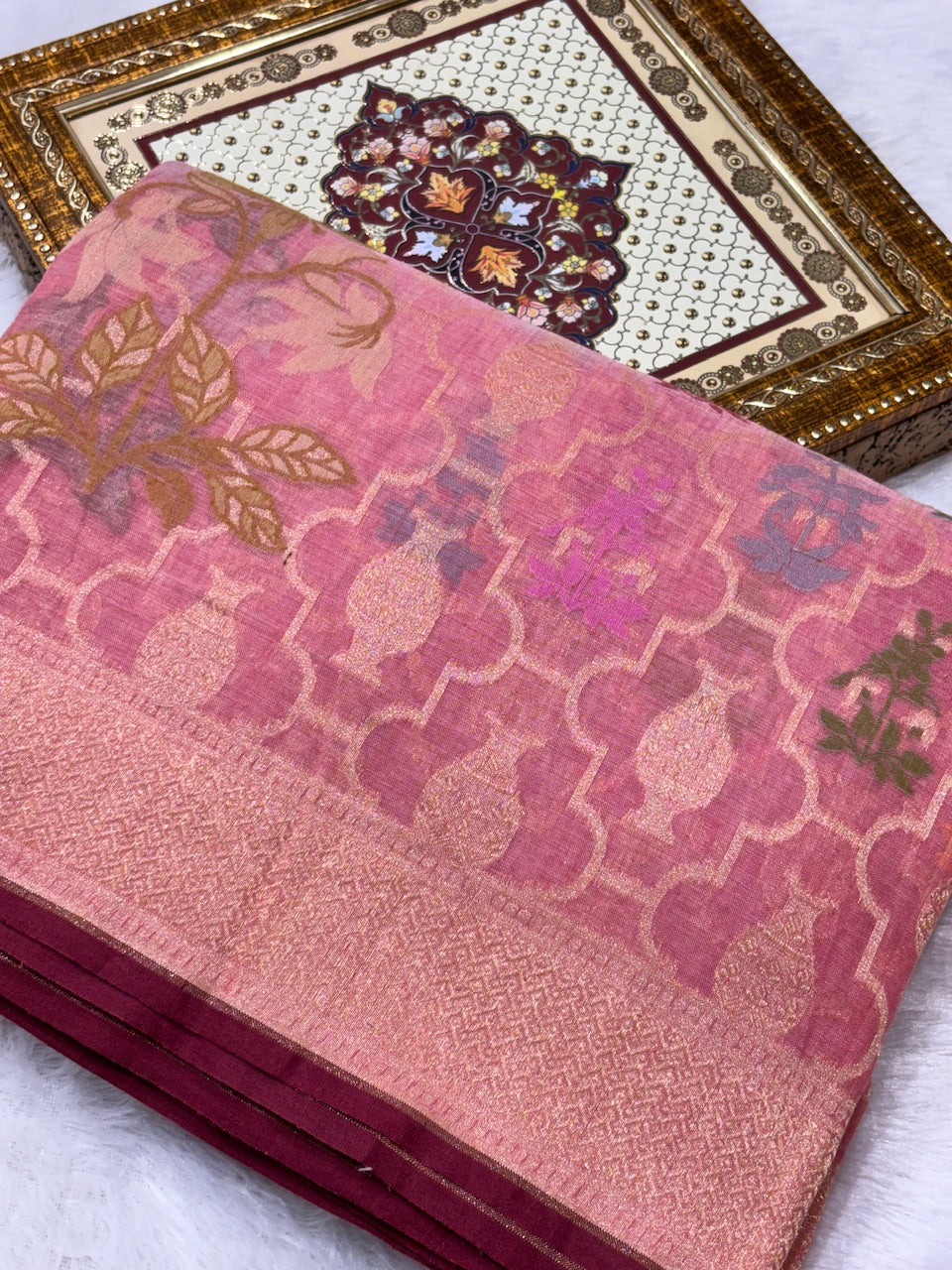 Baby Pink Pure Cotton Inspired Jamdani Handwoven Banarasi Saree