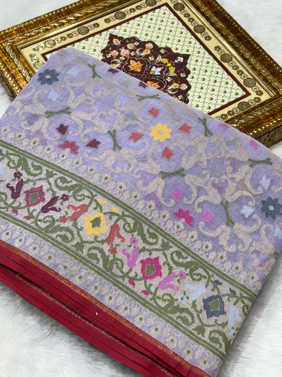 Light Grey Pure Cotton Inspired Jamdani Handwoven Banarasi Saree