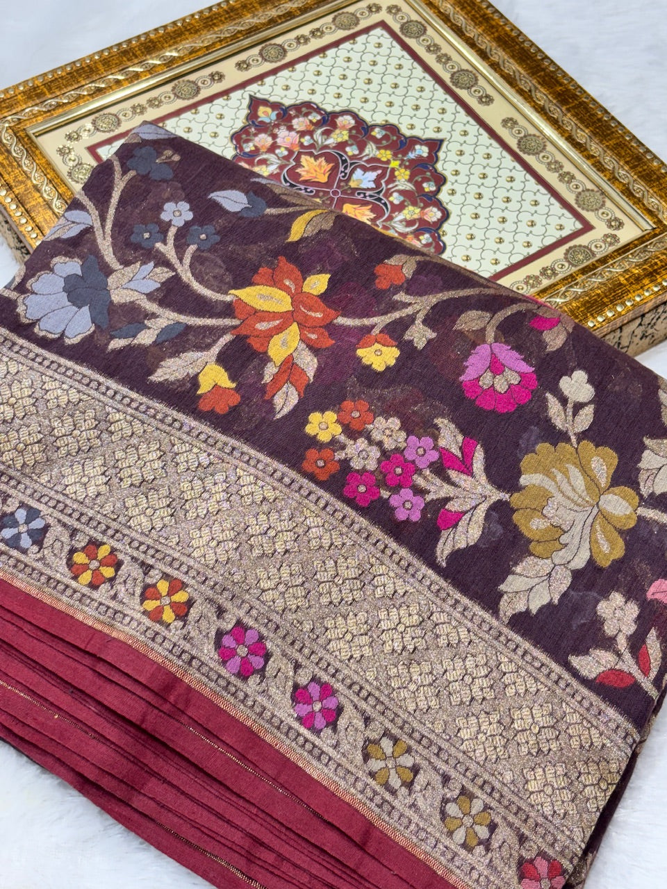 Wine Shade Pure Cotton Inspired Jamdani Handwoven Banarasi Saree