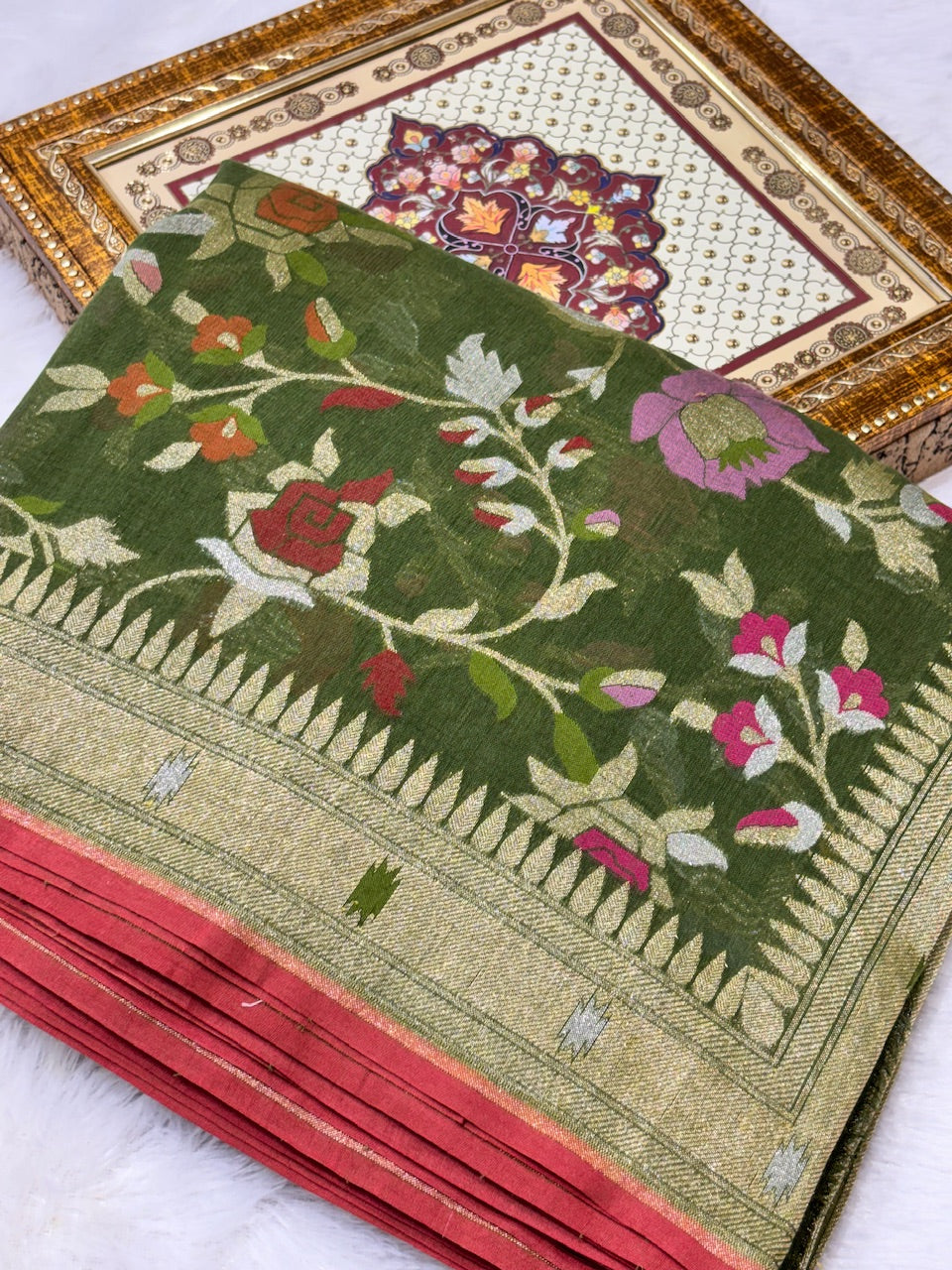 Green Shade Pure Cotton Inspired Jamdani Handwoven Banarasi Saree