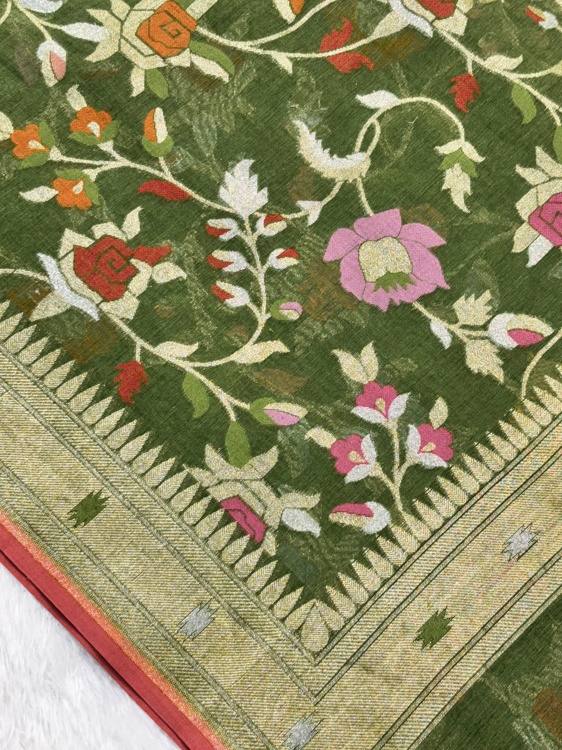 Green Shade Pure Cotton Inspired Jamdani Handwoven Banarasi Saree
