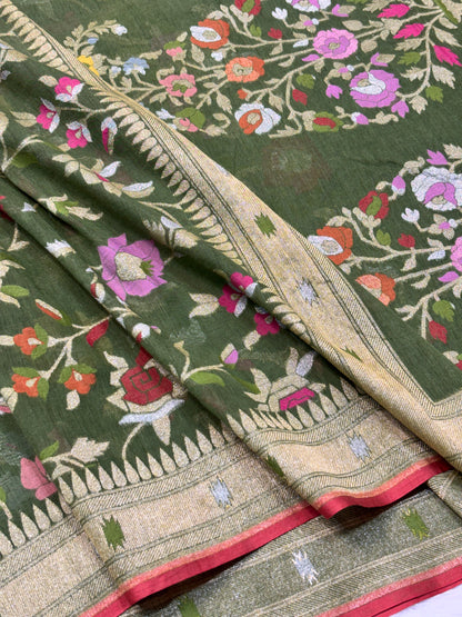 Green Shade Pure Cotton Inspired Jamdani Handwoven Banarasi Saree