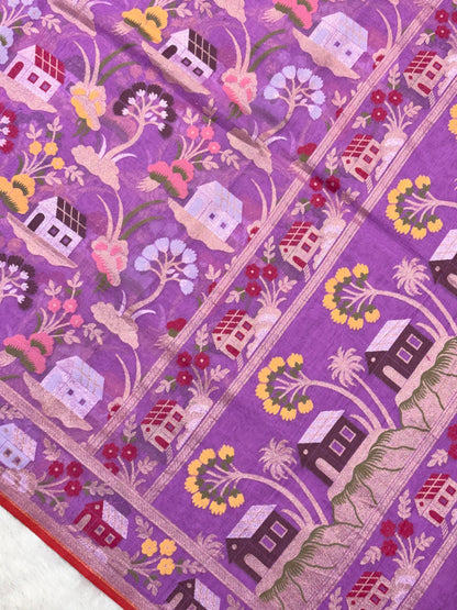 Light Purple Pure Cotton Inspired Jamdani Handwoven Banarasi Saree