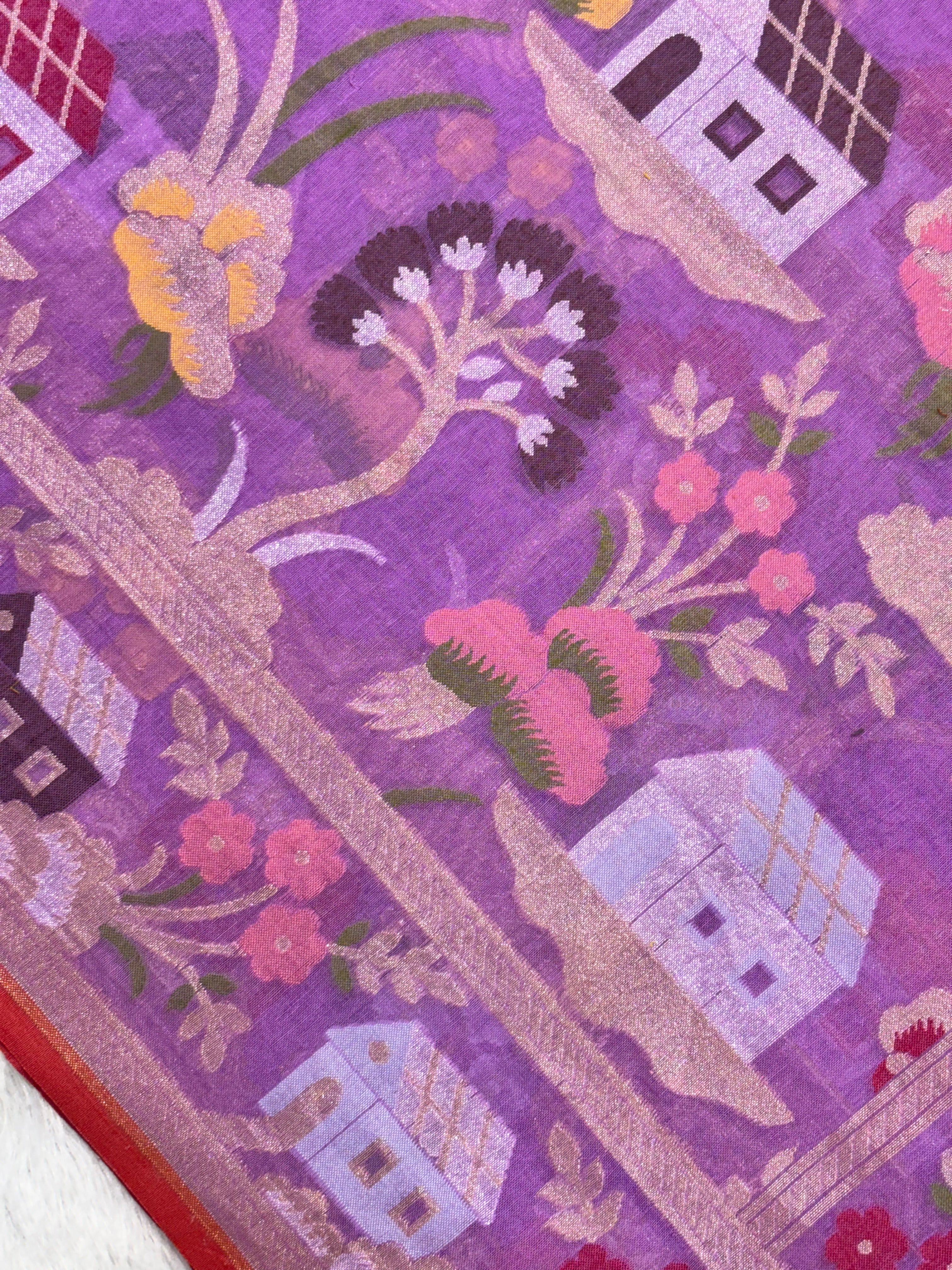 Light Purple Pure Cotton Inspired Jamdani Handwoven Banarasi Saree