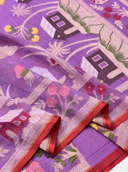 Light Purple Pure Cotton Inspired Jamdani Handwoven Banarasi Saree