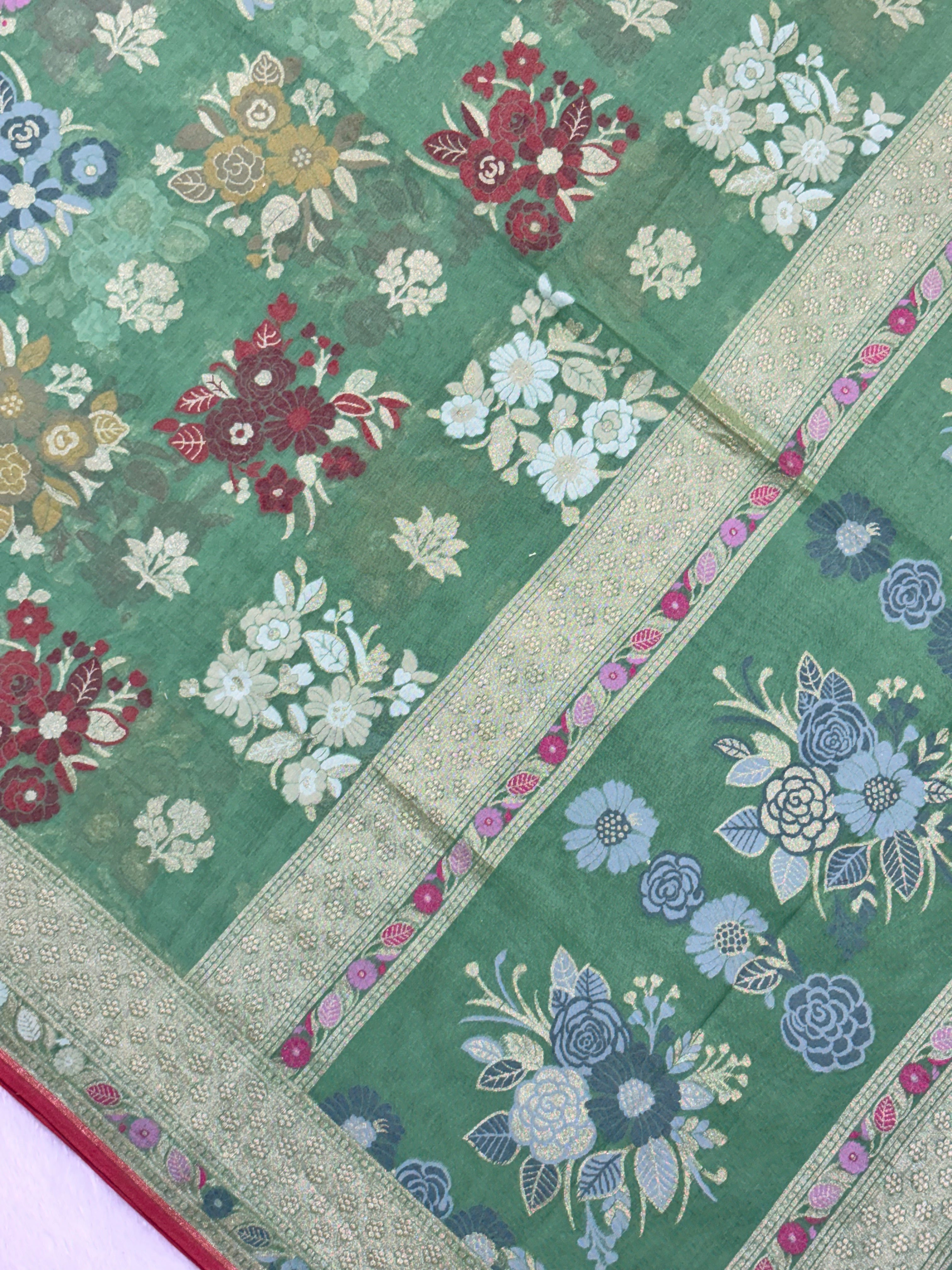 Bottle Green Pure Cotton Inspired Jamdani Handwoven Banarasi Saree