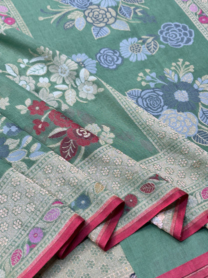Bottle Green Pure Cotton Inspired Jamdani Handwoven Banarasi Saree