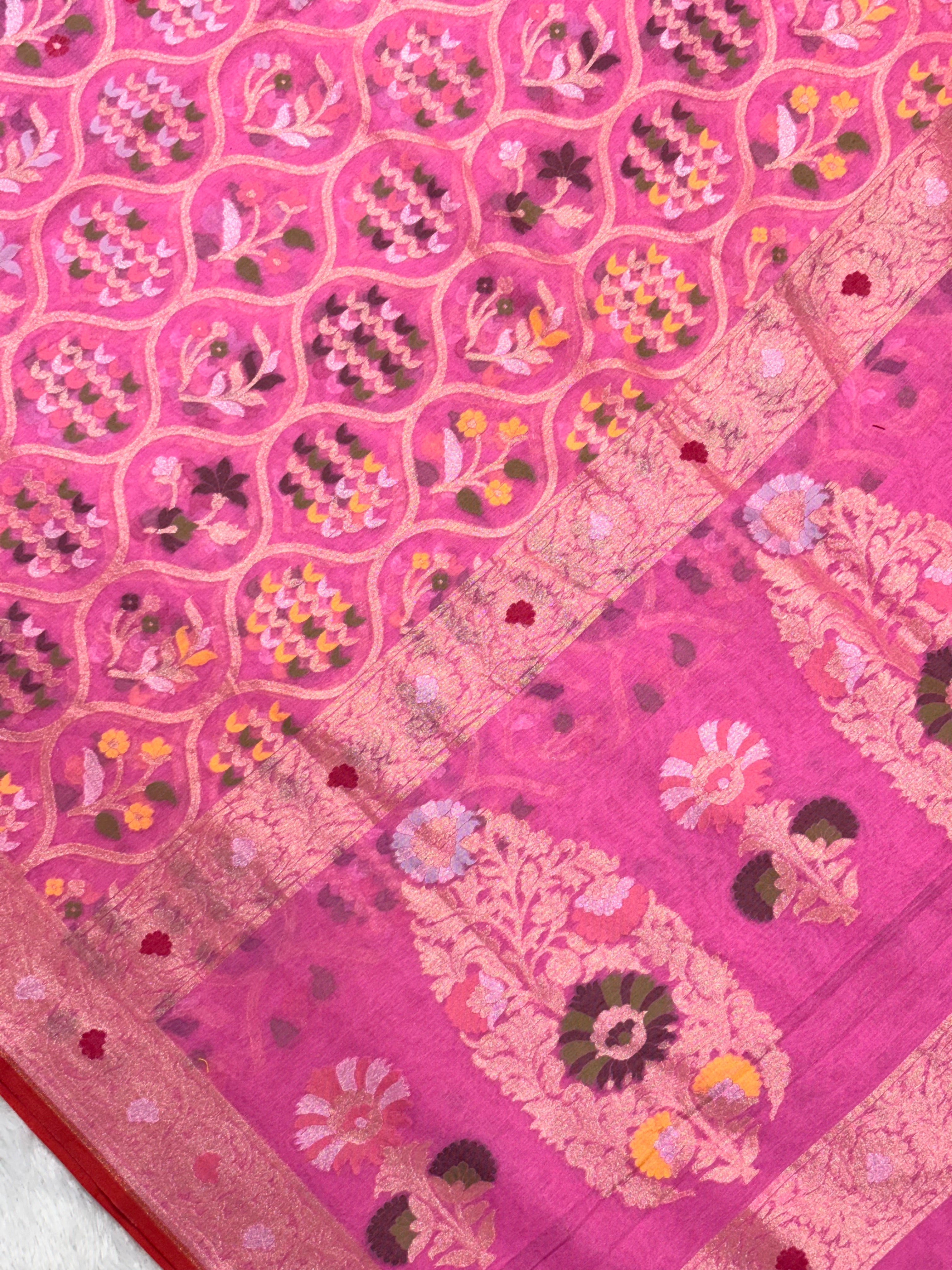 Baby Pink Pure Cotton Inspired Jamdani Handwoven Banarasi Saree
