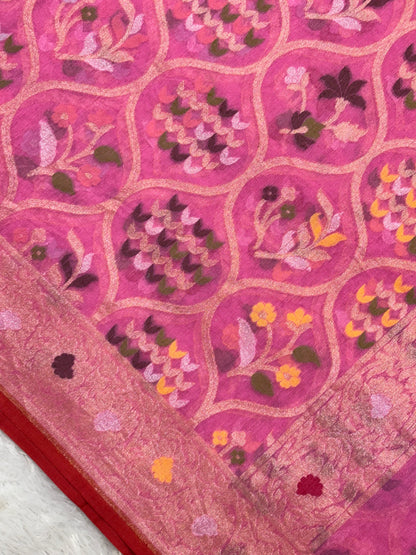 Baby Pink Pure Cotton Inspired Jamdani Handwoven Banarasi Saree