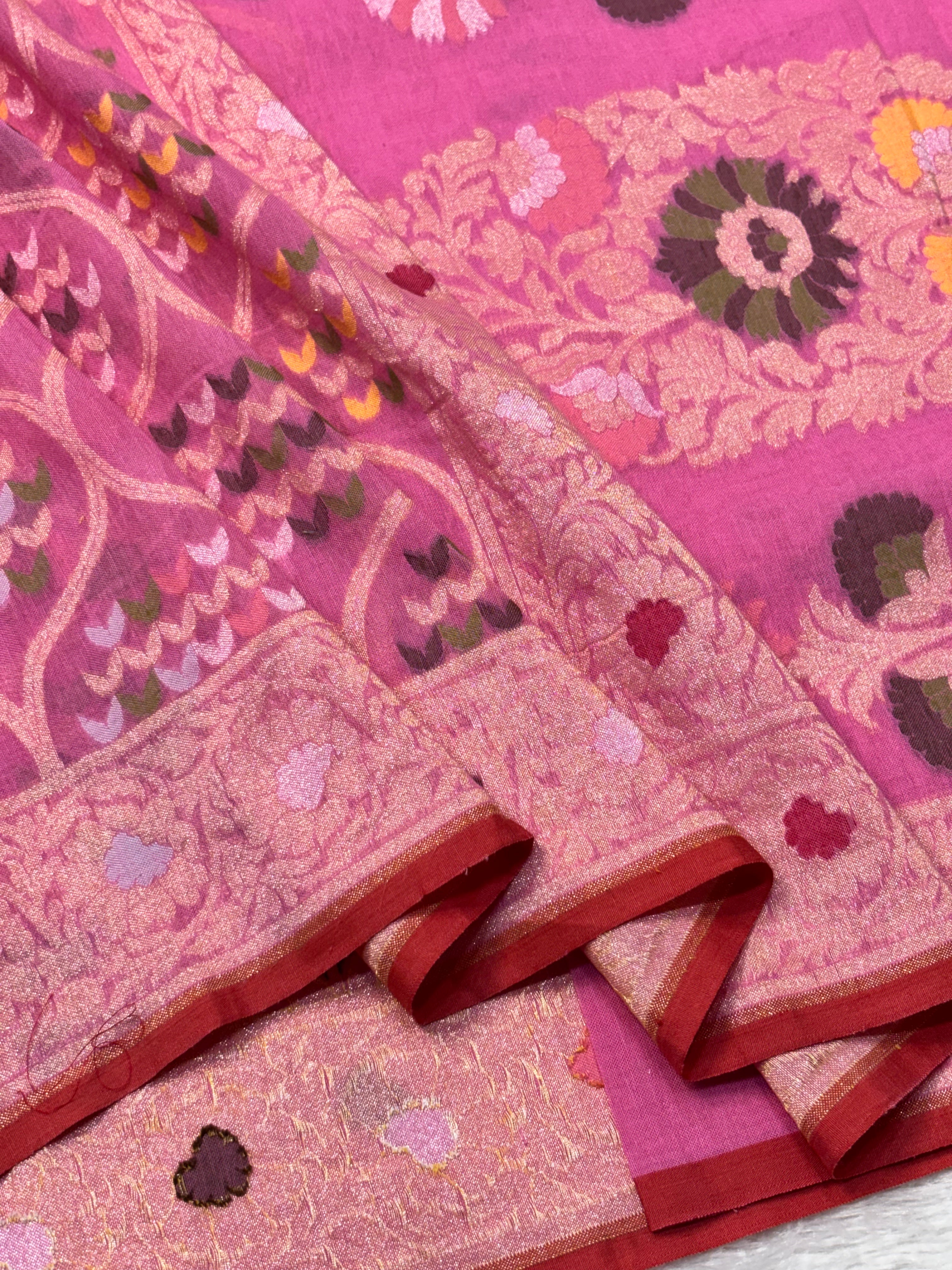Baby Pink Pure Cotton Inspired Jamdani Handwoven Banarasi Saree