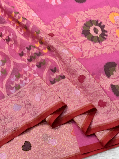 Baby Pink Pure Cotton Inspired Jamdani Handwoven Banarasi Saree