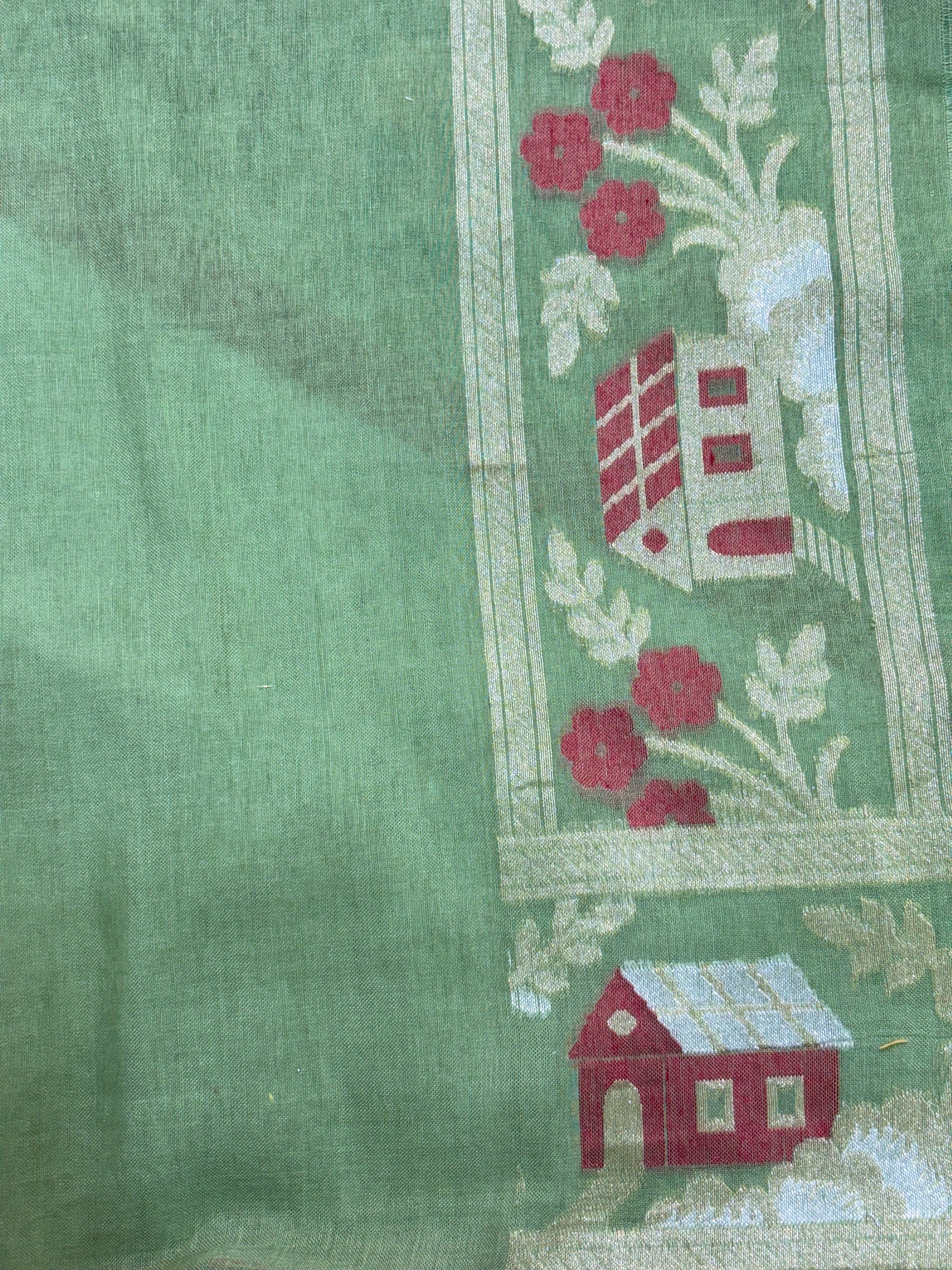 Bottle Green Pure Cotton Inspired Jamdani Handwoven Banarasi Saree