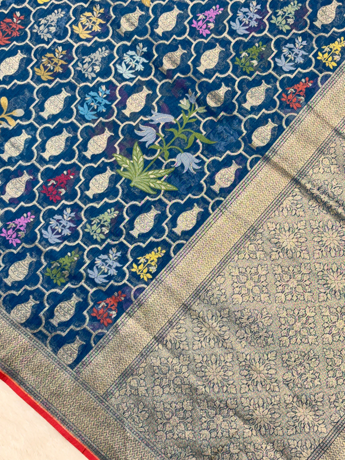 Royal Blue Pure Cotton Inspired Jamdani Handwoven Banarasi Saree