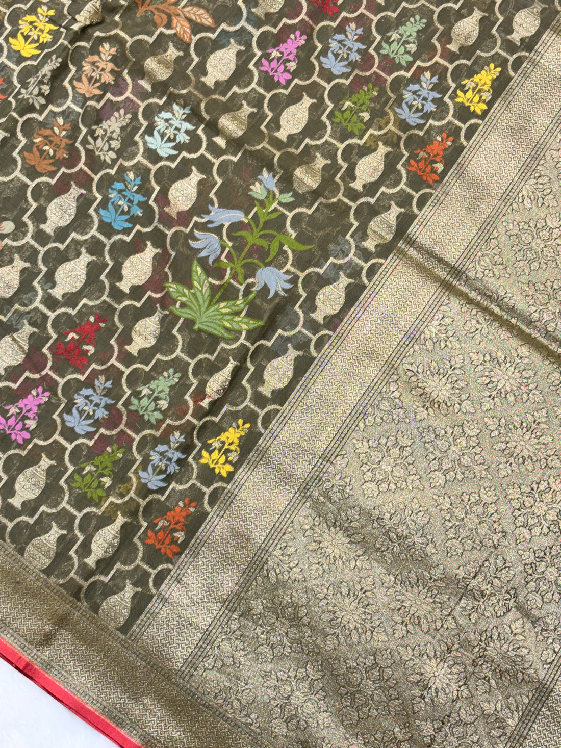 Olive Shade Pure Cotton Inspired Jamdani Handwoven Banarasi Saree
