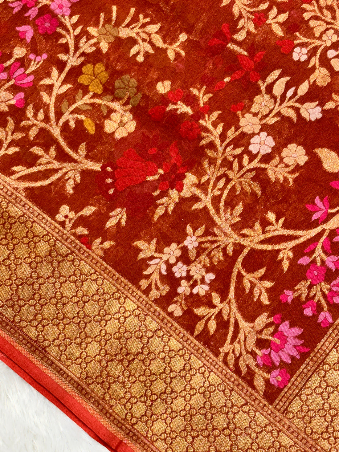 Red Shade Pure Cotton Inspired Jamdani Handwoven Banarasi Saree