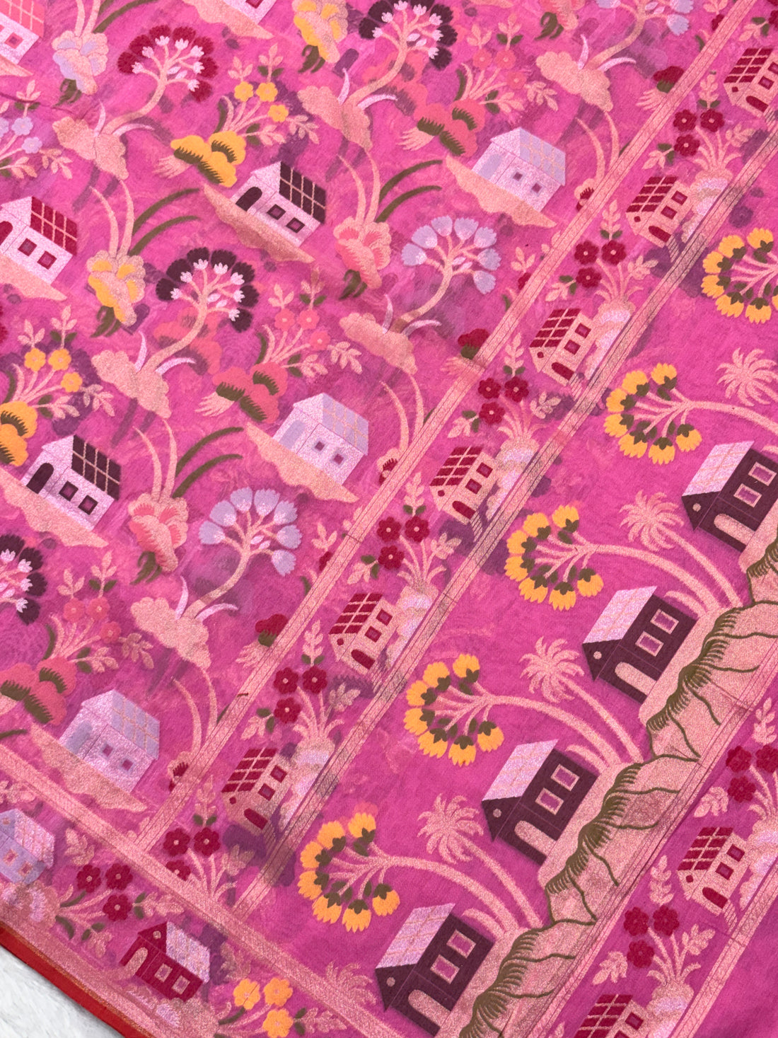 Luxury Pink Pure Cotton Inspired Jamdani Handwoven Banarasi Saree
