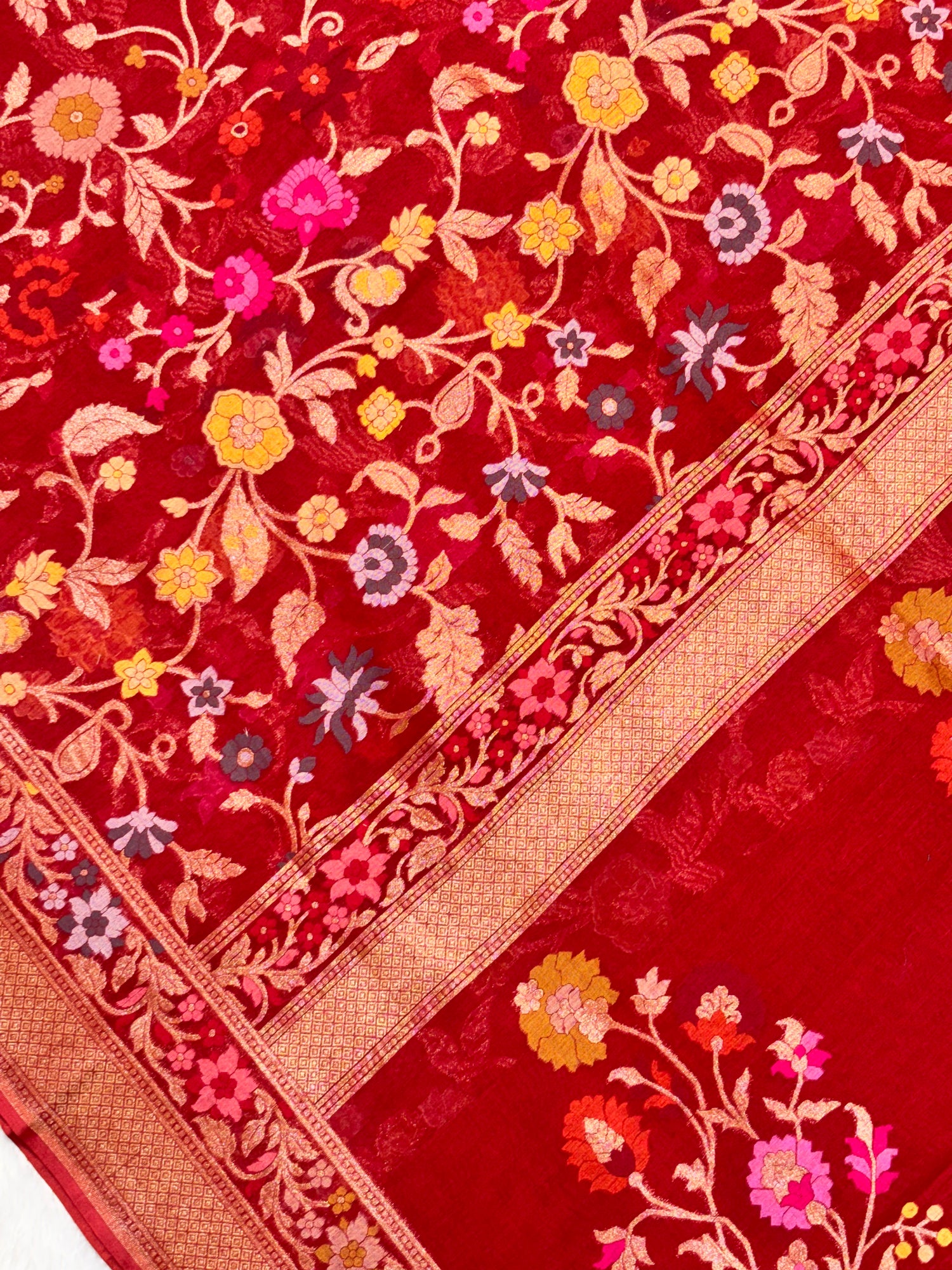 Red Shade Pure Cotton Inspired Jamdani Handwoven Banarasi Saree