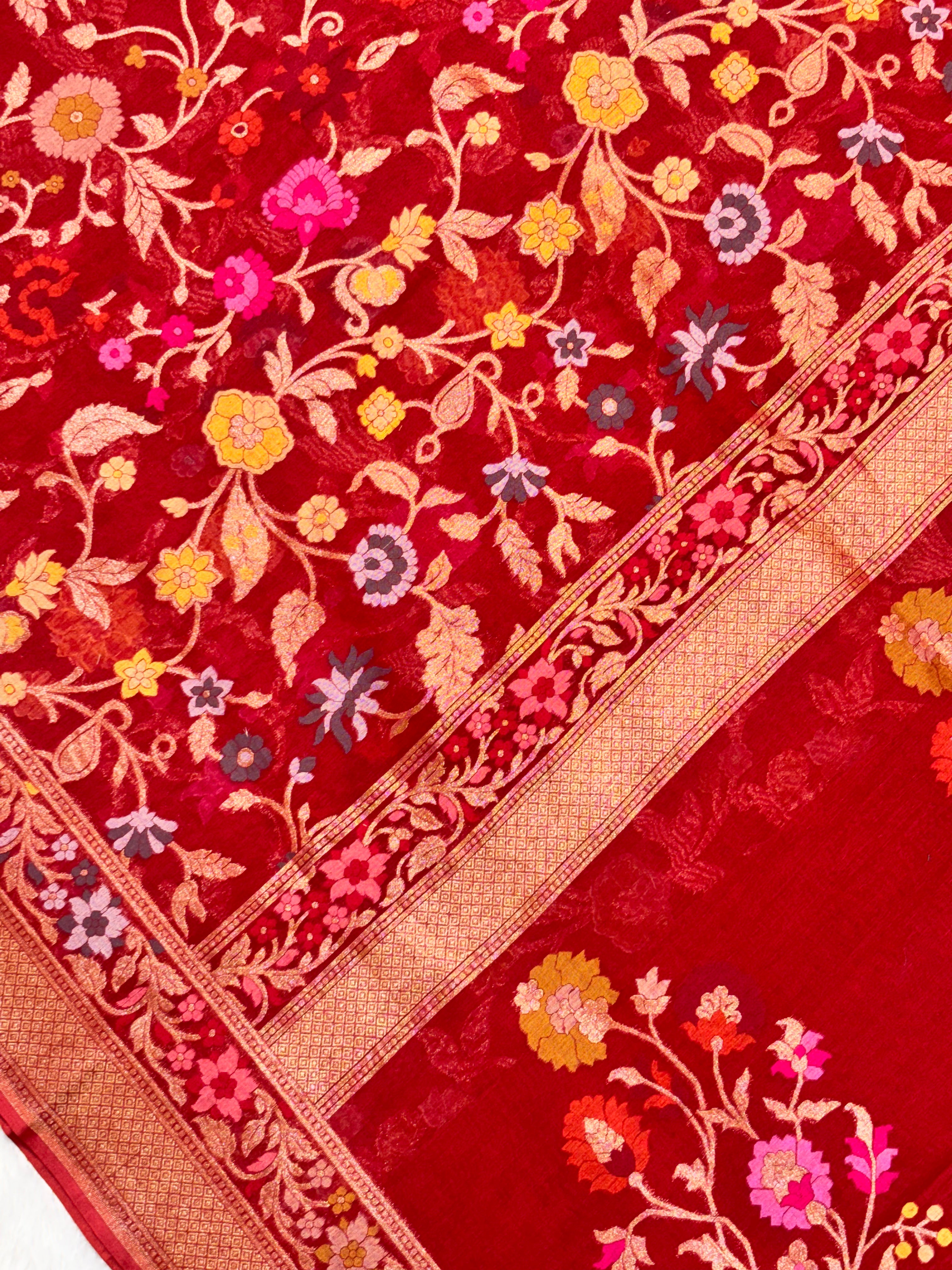 Red Shade Pure Cotton Inspired Jamdani Handwoven Banarasi Saree
