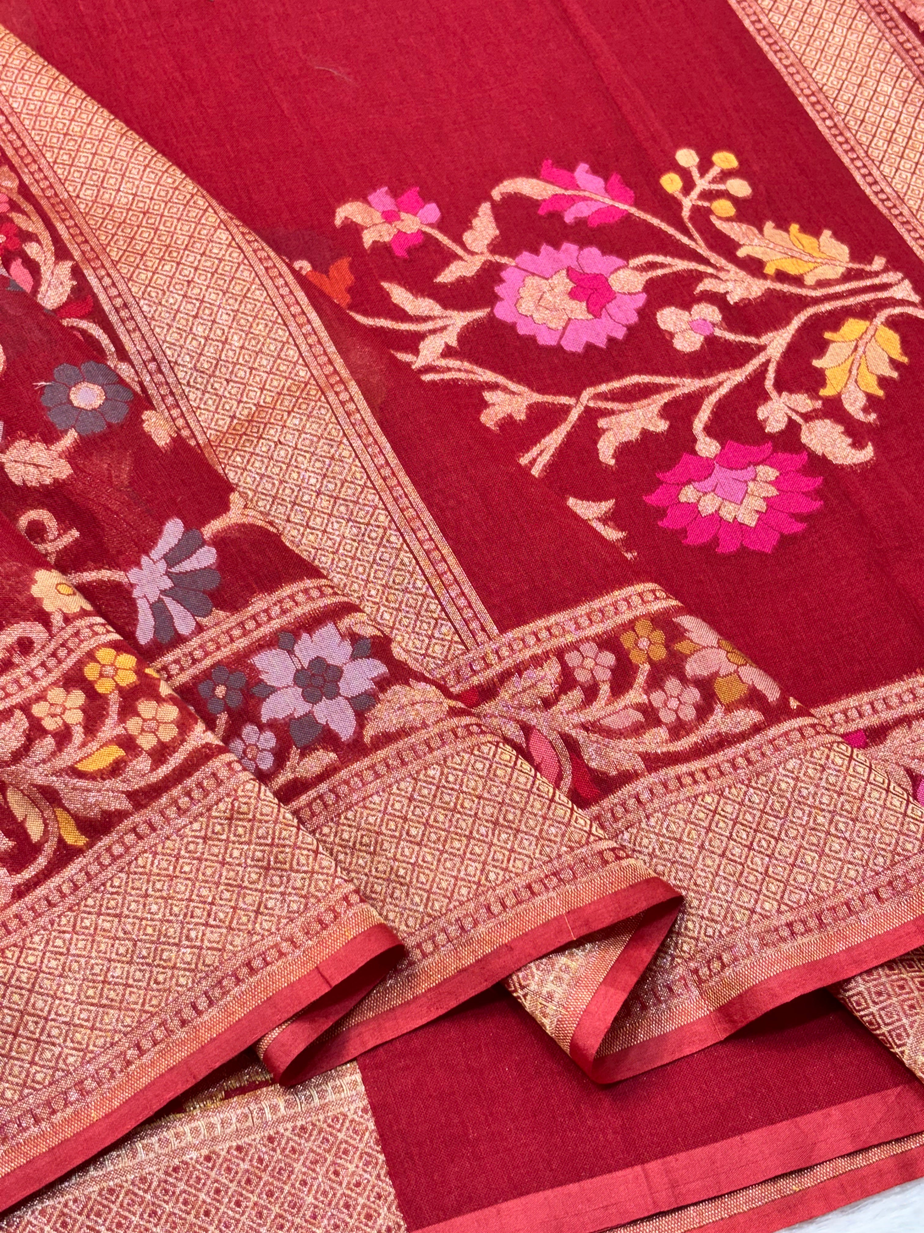 Red Shade Pure Cotton Inspired Jamdani Handwoven Banarasi Saree