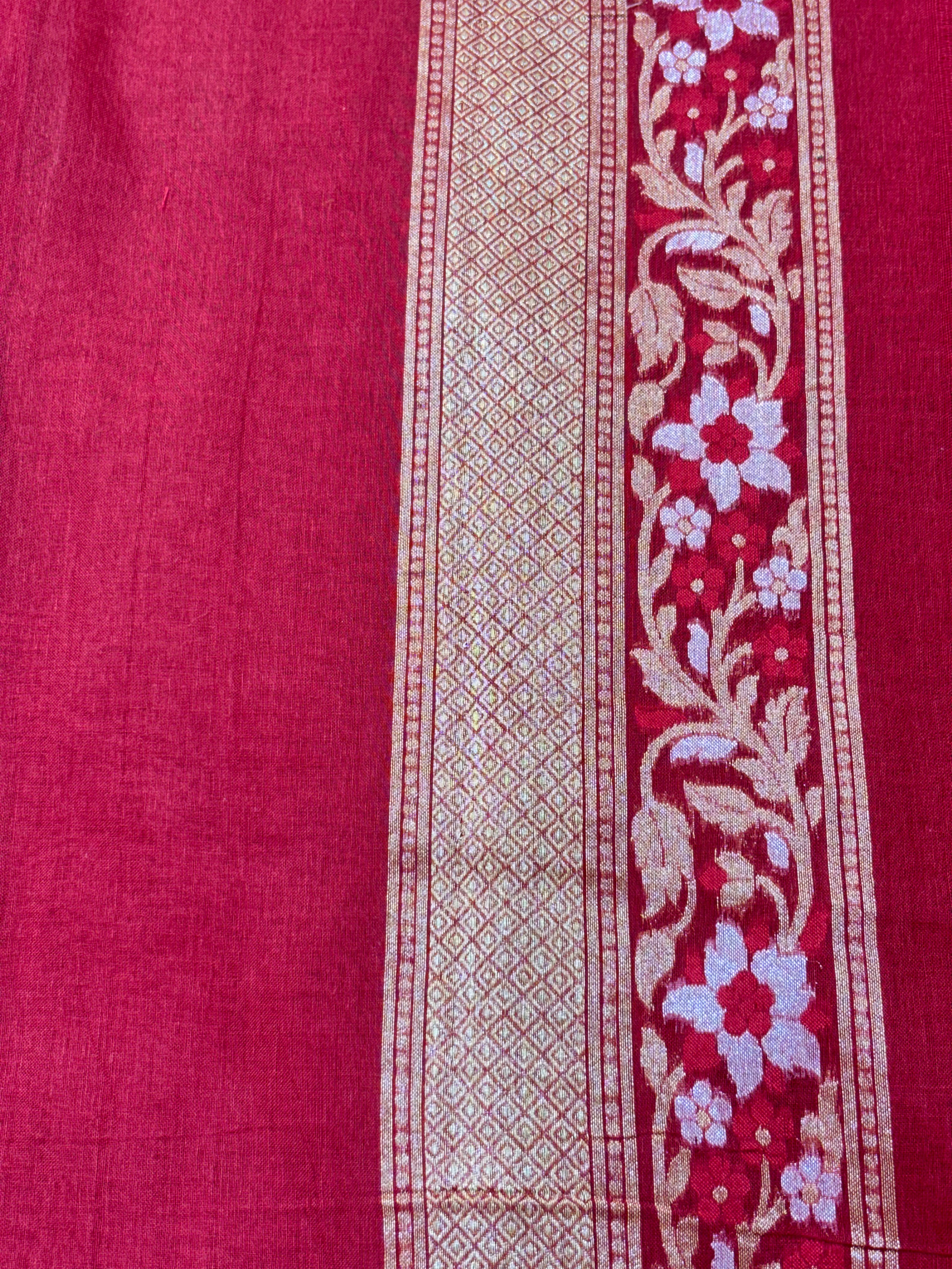 Red Shade Pure Cotton Inspired Jamdani Handwoven Banarasi Saree