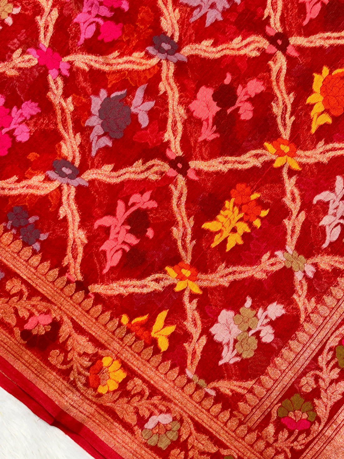 Premium Red Pure Cotton Inspired Jamdani Handwoven Banarasi Saree