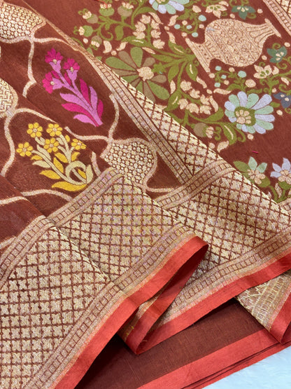 Light Brown Shade Pure Cotton Inspired Jamdani Handwoven Banarasi Saree
