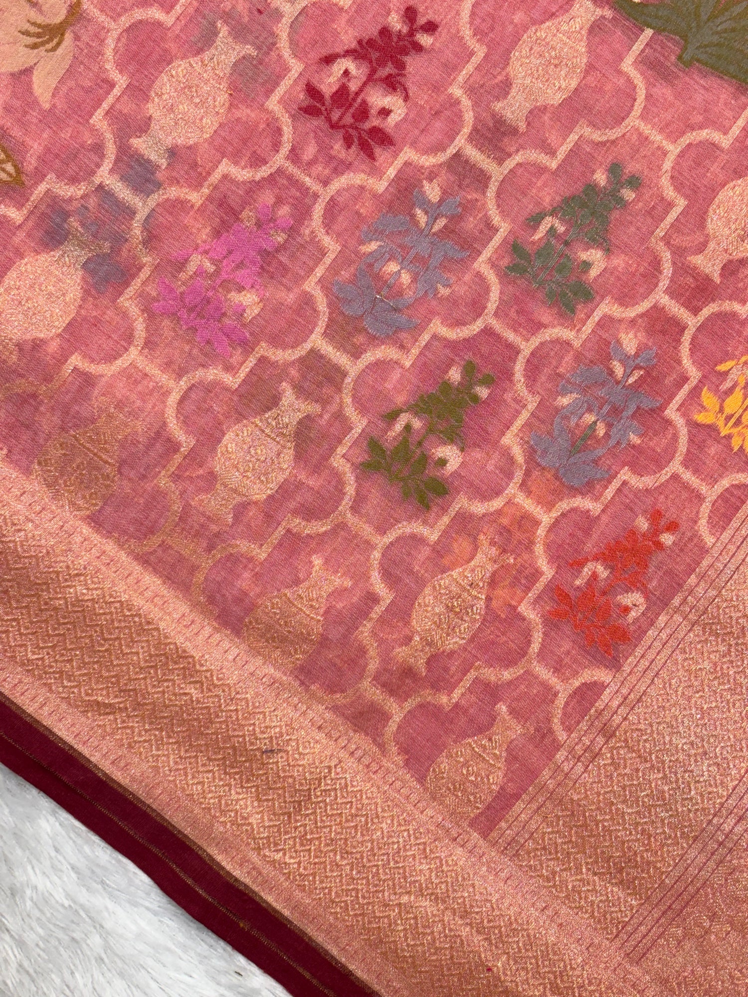 Baby Pink Pure Cotton Inspired Jamdani Handwoven Banarasi Saree
