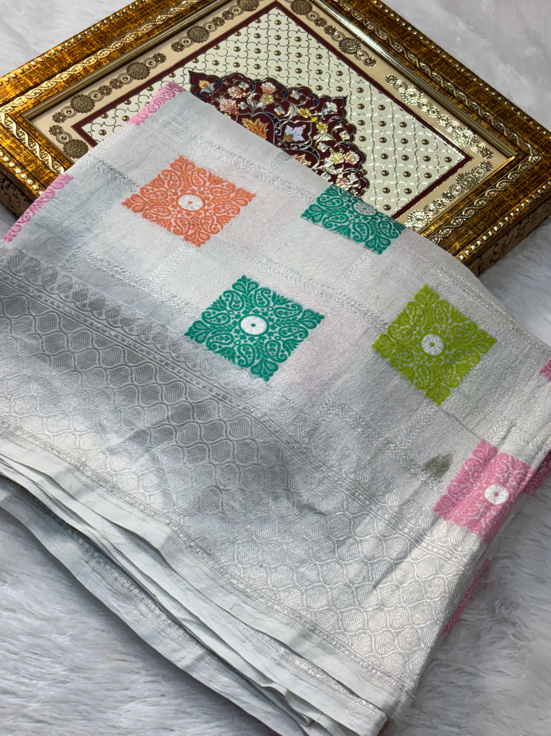 Baby Grey Pure Tussar Georgette Silk Banarasi Saree