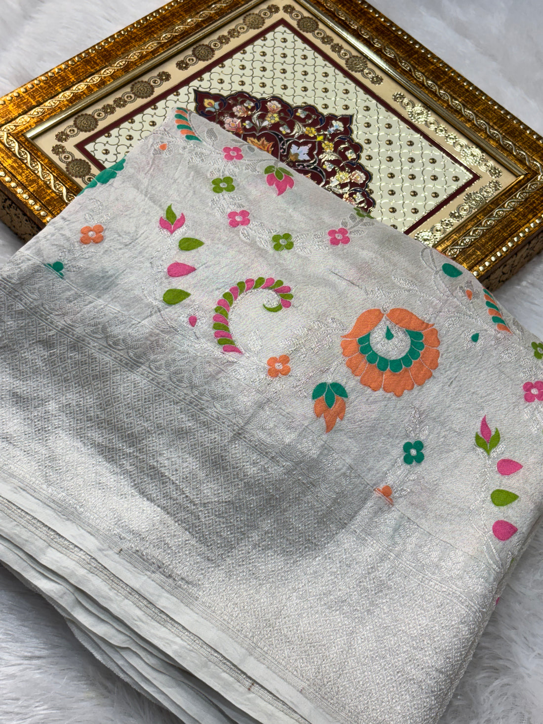 Baby Grey Pure Tussar Georgette Silk Banarasi Saree