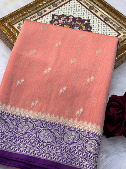 Light Orange Pure Monga Silk Banarasi Saree