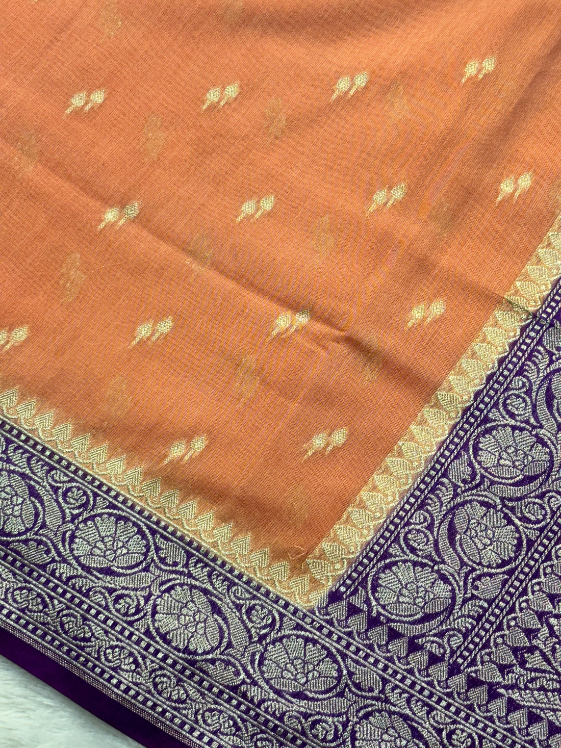 Light Orange Pure Monga Silk Banarasi Saree