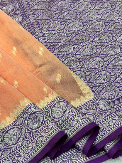 Light Orange Pure Monga Silk Banarasi Saree