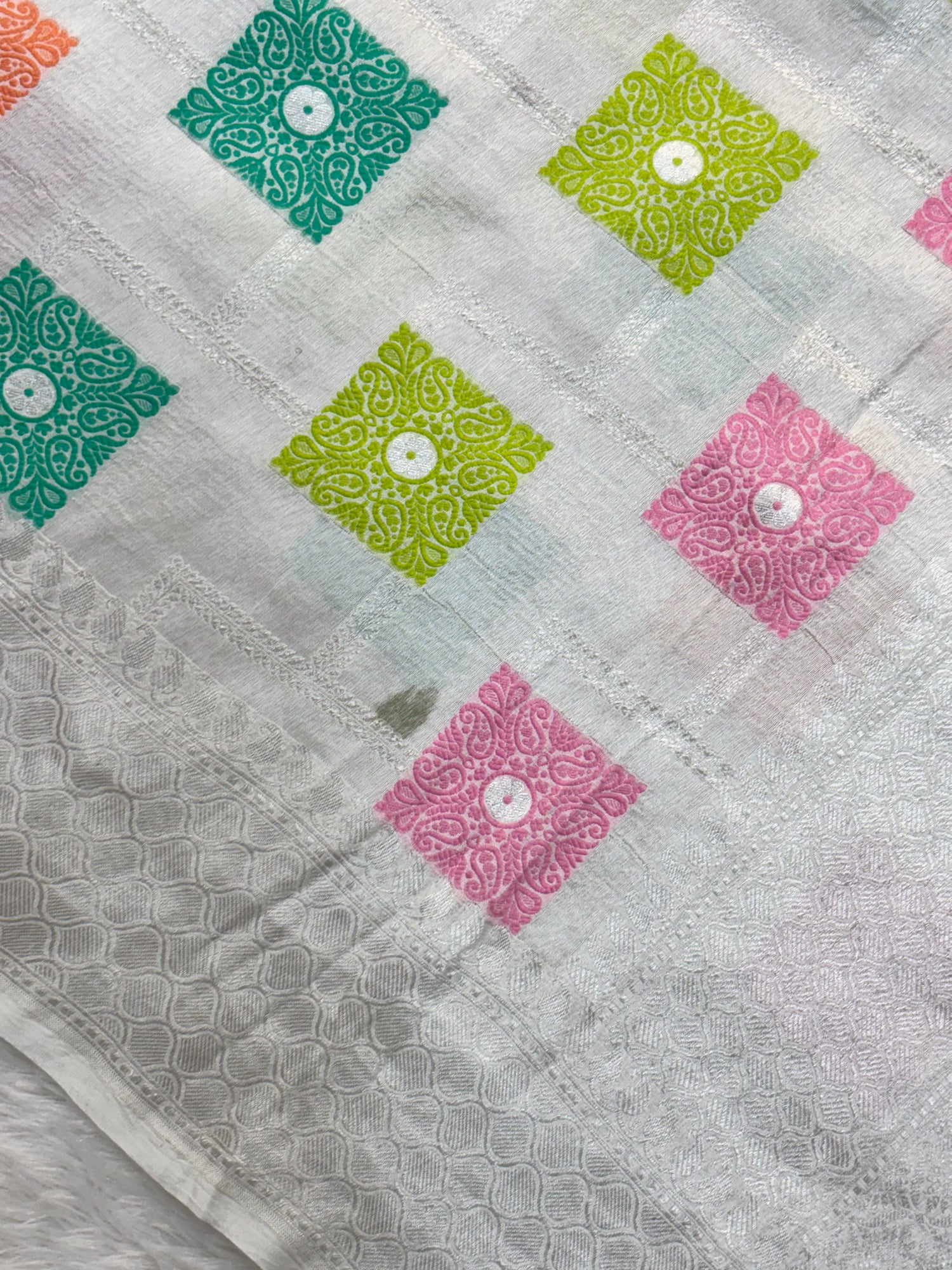 Baby Grey Pure Tussar Georgette Silk Banarasi Saree